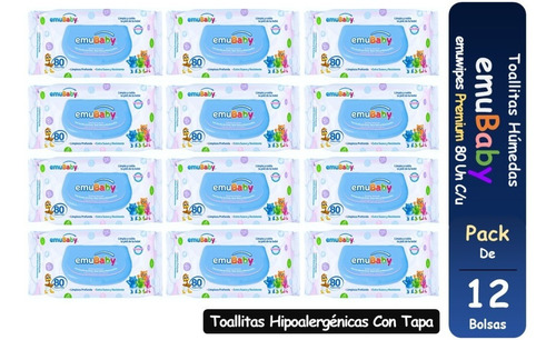 Toallitas Húmedas Emubaby Premium 80 Un C/u Pack X 12 Bolsas