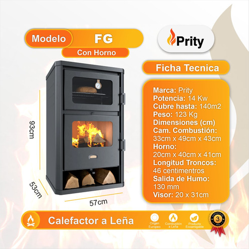 Calefactor Estufa Leña Prity Con Horno Fg Potencia 14kw