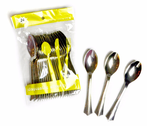 Cuchara Plastico Postre Plateada  X 24 Un-envío Gratis A Xxx