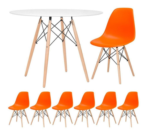 Kit Mesa Jantar Eames Wood 100 Cm 6 Cadeiras Eifel Cores Cor Mesa branco com cadeiras laranja