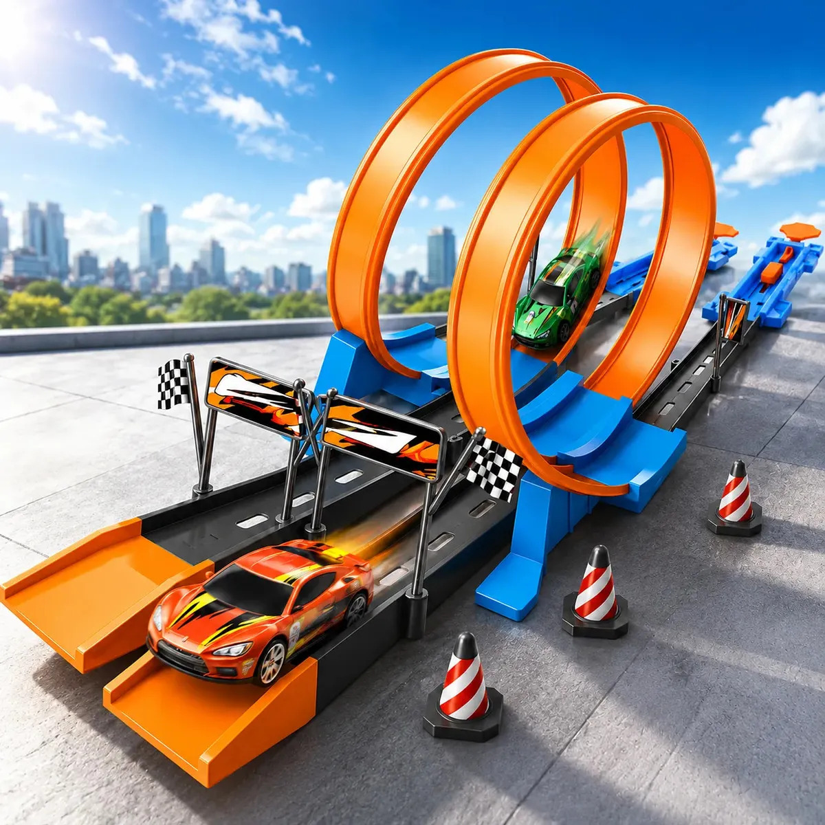 Pista de Carreras para Niños de Coches con Lanzador, Set de 6 Mini Coches y Pista Giratoria 360° para Juegos