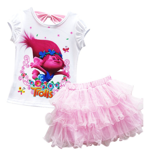 Disfraz De Cosplay De Poppy Trolls Para Niñas Halloween Carnaval Fiesta De Cumpleaños Conjunto De Verano Camiseta Y Falda 2 Unidades