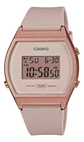 Reloj pulsera Casio Youth LW-204 de cuerpo color oro rosa, digital, fondo rosa, con correa de resina color rosa, dial negro, minutero/segundero negro, bisel color oro rosa