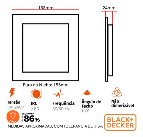 Kit 2 Plafon Quadrado Embutir 12w Preto Branco Frio 6500k