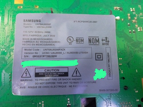 Main Samsung Modelo Un75au8200f (Usado)
