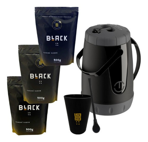 Kit Tereré Garrafa 2,5l 3 Ervas Black 1 Copo E Bomba Preto