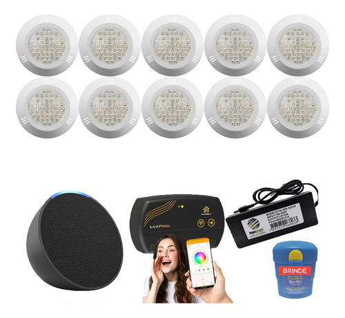 Kit Led Piscina 200m² - 10 Leds 9w + Smart Lux + Alexa