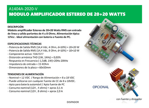 Imagen 3 de 7 de Mini Amplificador Estereo 20+20 W 12 V C/vol - Audioproject