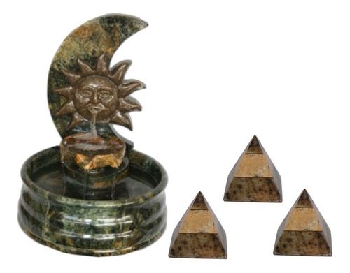 Fonte Decorativa Sol Em Pedra Sabão +  Kit Com 03 Piramides