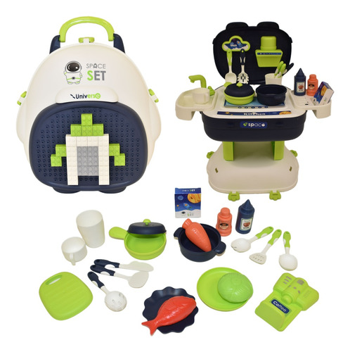 Set 3 En 1 Mochila Juguete Con Cocinita Y Bloques 36pc