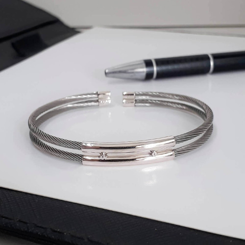 Bracelete Masculino Aço Inox Com Prata 950 Lisa Dupla