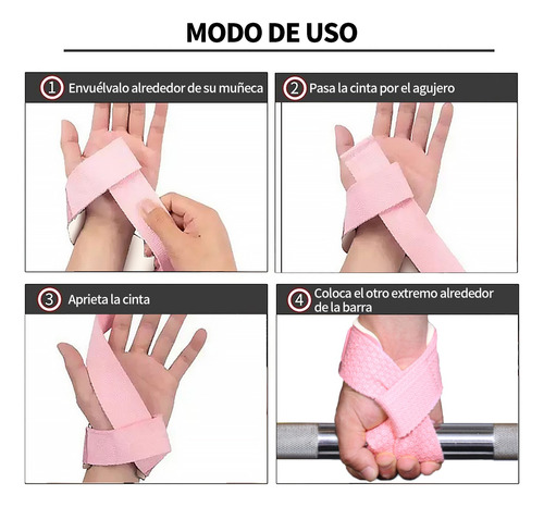 4 Pares Straps Muñequera Gym Crossfit Pesas Lifting Fitness Rosa