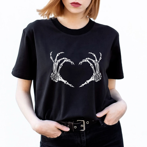 Playera Negra Estampado Esqueleto Love Manos Unisex Y Dama