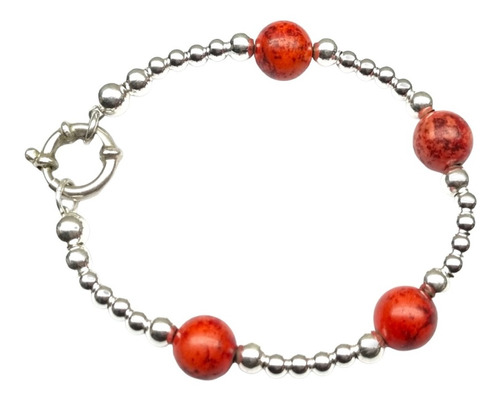 Pulsera Plata Bolitas Y 4 Piedras Rojas Cierre Marinero 