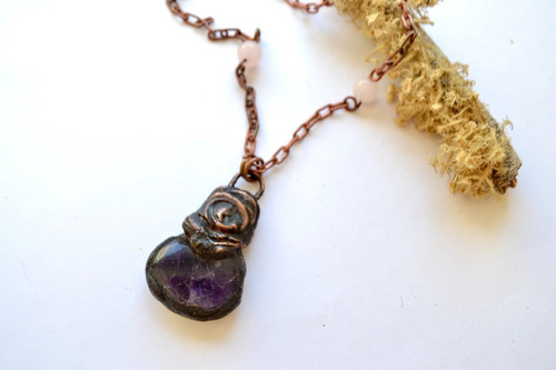Imagen 8 de 8 de Collar Piedras Amatista, Cuarzo Rosa, Cadena De Cobre, Cod1
