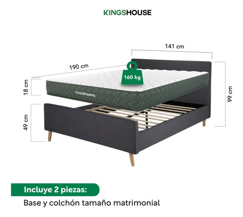 Base Cama Con Cabecera + Colchón Memory En Caja Matrimonial