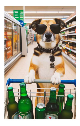 Vinilo 40x60cm Perro En Supermercado Comprando Cerveza M4