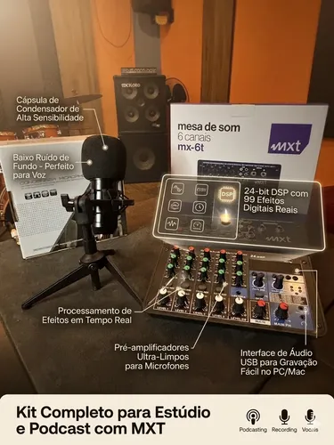 Kit Podcast Completo Mesa Som Mxt Mx-6t 3 Microfones Estúdio