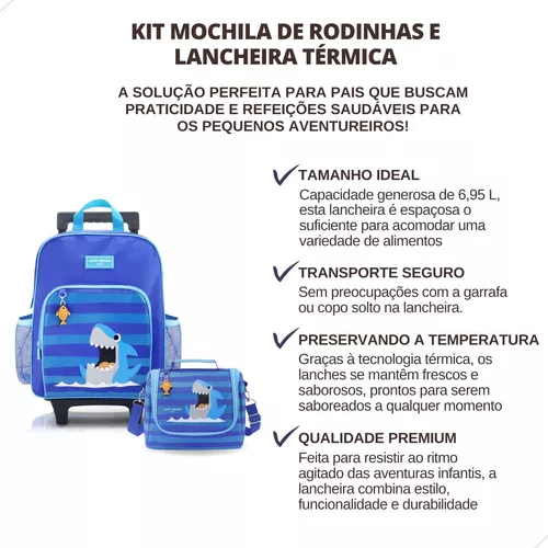 Kit Escolar Premium com Mochila Infantil de Rodinhas com Lancheira