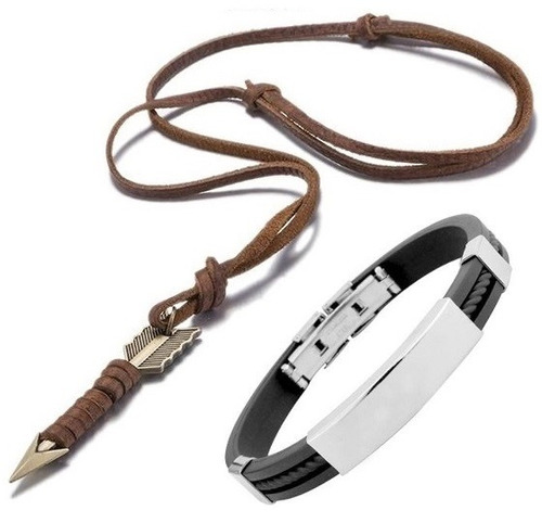 Colar Masculino Em Couro Pingente Flecha Dourada + Pulseira