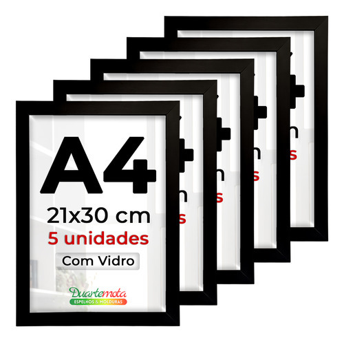 Kit 5 Porta Retrato A4 21x30cm C/ Vidro Certificado Diploma Cor Preto