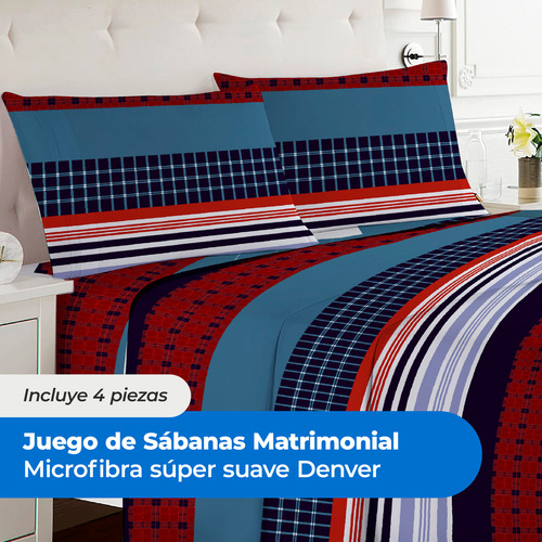 Kit 4 Piezas Juego De Sábanas Matrimonial Microfibra Suave Multicolor Liso