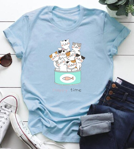 Playera Camiseta Moda Amantes De Los Gatos Happy Time Lindo