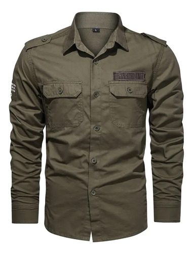 Camisa Militar Tipo Cargo Para Hombre, Manga Larga, Casual