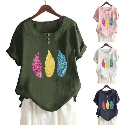Camiseta Casual Holgada Con Estampado De Hojas En Mezcla De