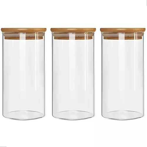 Kit 3 Potes 600ml Bambu Hermético Vidro Temperos Mantimentos