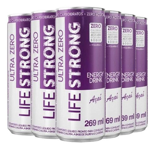 Energético Life Strong 6 Unidades - Sabor Açai - Sem Açúcar