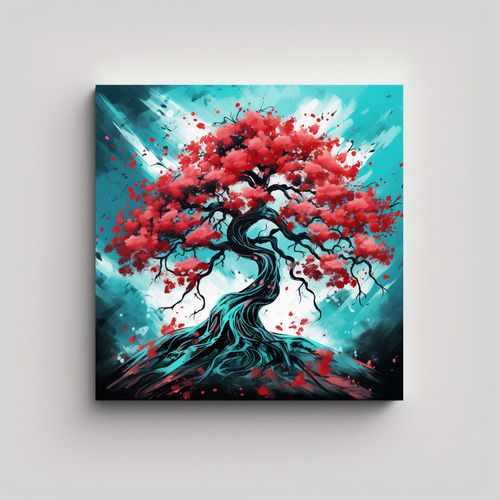 30x30cm Cuadro Tema Dormitorio A Oak Tree In Red And Turquoi