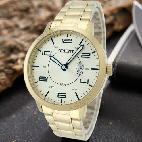 Relógio Orient Analógico Esporte Prova D'água Feminino Correia Dourado Bisel Dourado Fundo Branco Ii