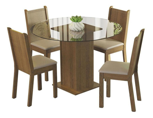 Conjunto Sala Jantar Débora Madesa Mesa Tampo Vidro Redon Rb Cor Rustic/Bege MDJA0401085ZBE