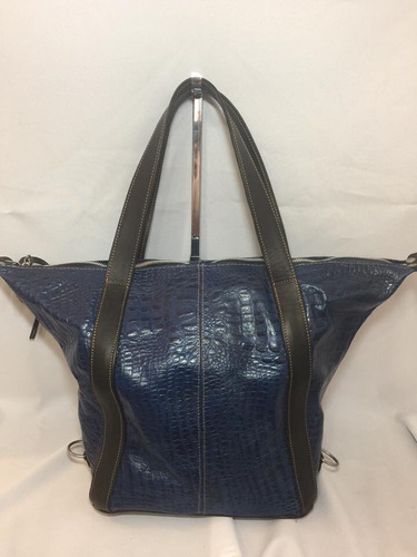 Bolso En Cuero Vacuno Croco Combinado , Azul Y Negro