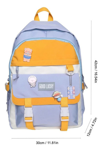 Mochila Escolar Paseo Importada Impermeable Llavero Animales Amarillo, Azul Y Blanco Llavero Llama