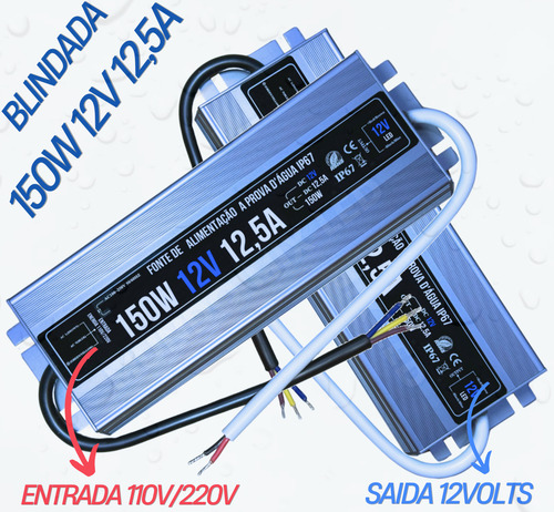 05pçs Fonte Blindada Bivolt Automátic P/ Led Ip67 150w 12,5a