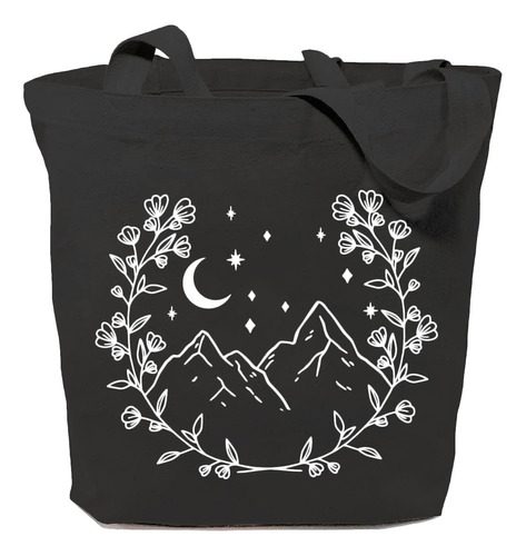 Bolsa Lona Algodon Diseño Flor Luna Montaña Para Fiesta