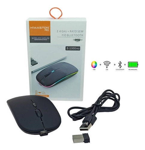 Mouse Sem Fio H'maston Bluetooth Usb Recarregável Com Led