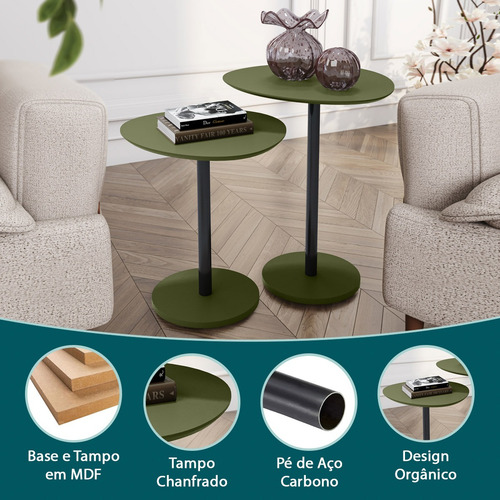 Conjunto Mesa Lateral Monopé Orgânica Em Mdf Pés De Aço Cor Verde