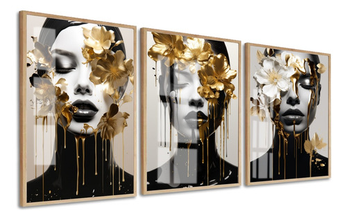 Quadros Decorativos Mulher Flores Douradas Moderno Com Vidro