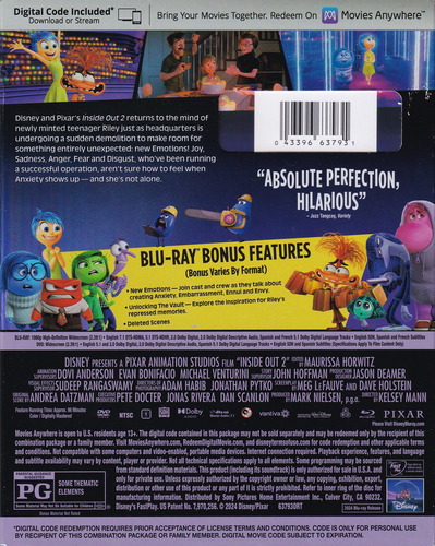 Intensamente Inside Out 2 Dos Disney Pelicula Blu-ray + Dvd