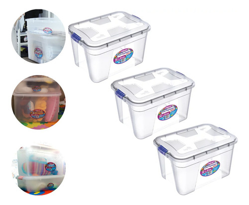 Caixas Organizadoras Transparente 56 Litros Kit Com 3 Caixas Liso