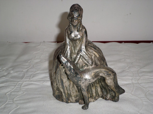 Antigua Figura Metal Plateado Mujer Con Perro Galgo Firmada