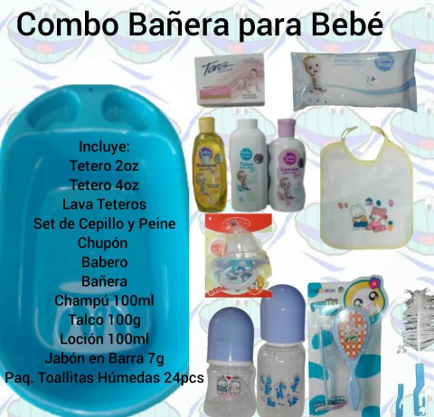 Imagen 1 de 2 de Combo Bañera Bebé + Cepillo Y Peine + Teteros + Higiene 
