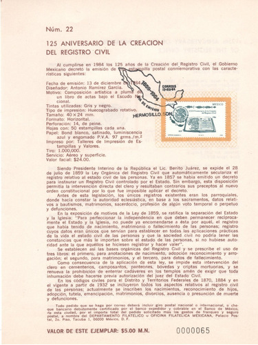 Estampilla Registro Civil 1984 Carnet Primer Día  