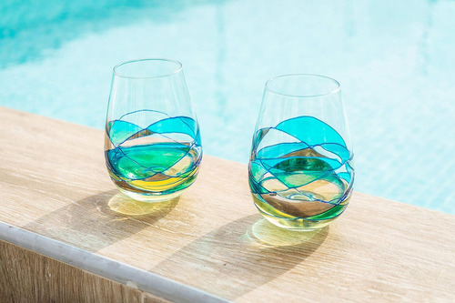 Antoni Stemless Wine Glass Lujo Línea Azul De Barcelon...