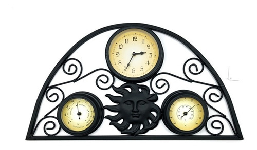 Reloj Pared Metálico Diseño Sol Con Termómetro E Hidrómetro
