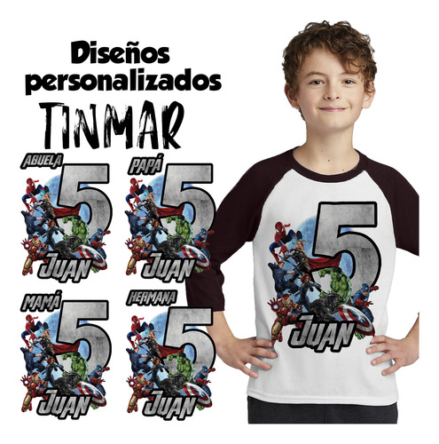 Kit 4 Playeras Raglan 3/4 Avengers Cumpleaños #v65