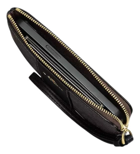 Coach Corner Zip Wristlet Walnut Black Negro Canvas